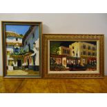 Robert Guis two framed oils on canvas of continental street scenes, signed bottom right, 41.5 x 27.5