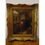 A framed oil on canvas of figures in an 18th century attire in an interior scene, 44.5 x 34cm