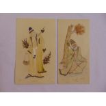 A pair of composition oriental hand painted wall plaques decorated with elders