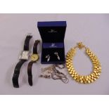 A quantity of costume jewellery to include bracelets, necklaces, earrings and two watches