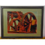 A framed and glazed polychromatic reduction print of Sugar Gears, signed John McCaskill bottom