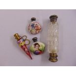 A Victorian double sided cut glass scent bottle, two oriental hand painted scent bottles and a