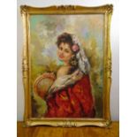 A framed oil on board of a gypsy girl holding a tambourine indistinctly signed top right, 68 x 48cm