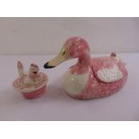 A Casa Pupo pink dish in the form of a mallard and pink glazed covered dish surmounted by a stylised