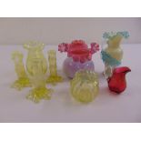 A quantity of glass to include Vaseline glass vases, Murano glass vase and a cranberry glass vase (