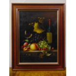 Juno framed oil on panel still life of fruit and a bottle of wine, signed bottom right, 40.5 x 30.
