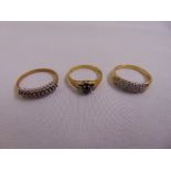 Three 9ct yellow gold rings set with various stones, approx total weight 6.6g