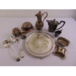 A quantity of silver plate to include trays, dishes, teapot, coffee pot and condiments