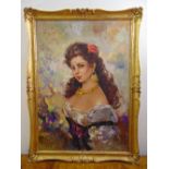 A framed oil on board of a gypsy girl with gold necklace indistinctly signed top left, 68 x 48cm