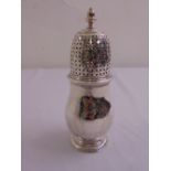 A Queen Anne silver sugar sifter, domed pierced pull off cover with acorn finial on raised