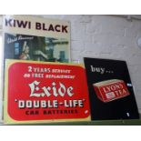 3 aluminium signs - Exide, Kiwi and Lyons Tea, hei