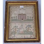 A gilt-framed Georgian sampler with house and Mado