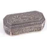 An Indian unmarked silver octagonal snuffbox, with allover relief embossed foliate decoration,