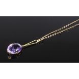 A 9ct gold amethyst drop pendant, on 9ct gold chain, chain length 440mm, 3.4g