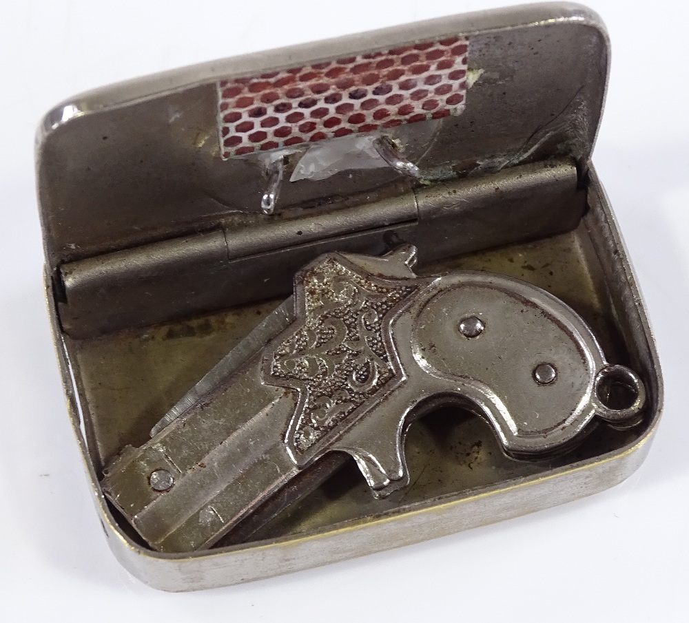 A miniature novelty pistol design penknife, length 4cm, together with a nickel plate Vesta case (2) - Image 3 of 3