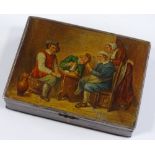 A 19th century unmarked white metal and toleware snuffbox, with hand painted lid depicting a