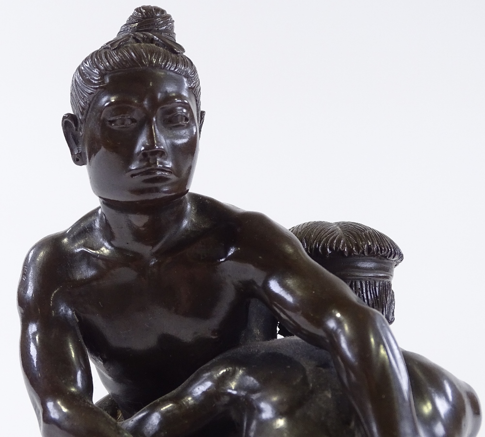 A Japanese bronze Sumo wrestling sculpture, early 20th century, unsigned, on circular ebony stand, - Image 3 of 9