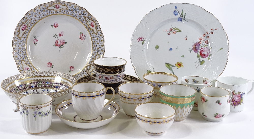 A group of English and Continental porcelain, including a Sevres Cabinet cup and saucer with painted