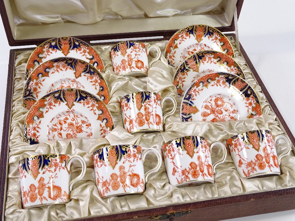 A Royal Crown Derby blue red and gilt decorated coffee service for 6 people, in original leather - Image 2 of 3