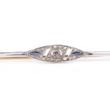 An unmarked gold and platinum topped sapphire and diamond bar brooch, length 74.5mm, 3.4g