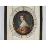 A miniature watercolour on ivory, portrait of a woman, signed, in ebony and ivory frame, overall