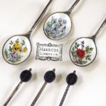 A cased set of 6 silver and floral enamel coffee bean end spoons, by Cohen & Charles, hallmarks