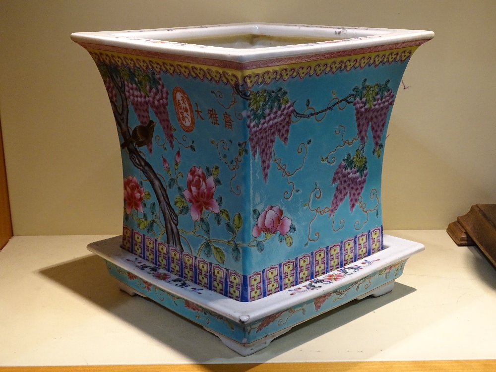 A Chinese dayazhai turquoise ground porcelain jardiniere and stand, hand painted enamel birds and - Image 3 of 14