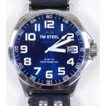A TW Steel TW400 Quartz wristwatch, stainless steel case with date aperture and blue dial, case