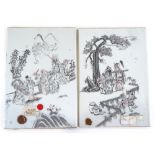 A pair of Chinese porcelain plaques with painted figures in a landscape, 31cm x 21cm each