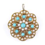 An unmarked gold turquoise and pearl flowerhead pendant, height 25.4mm, 6.6g