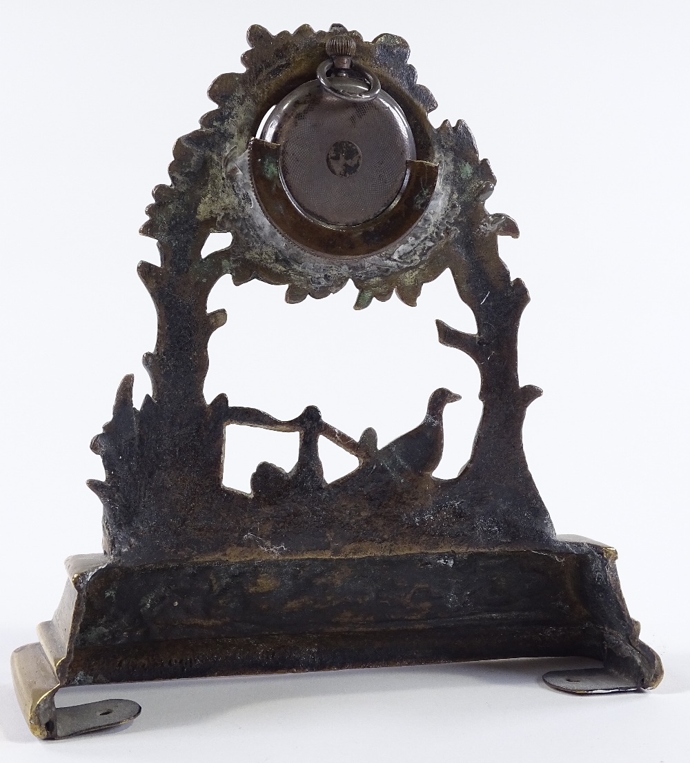 A 19th century brass pocket watch stand, with pheasant design, containing a silver-cased top-wind - Image 3 of 3