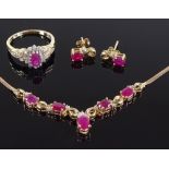 A 9ct gold ruby and diamond necklace, earring and ring set (3)