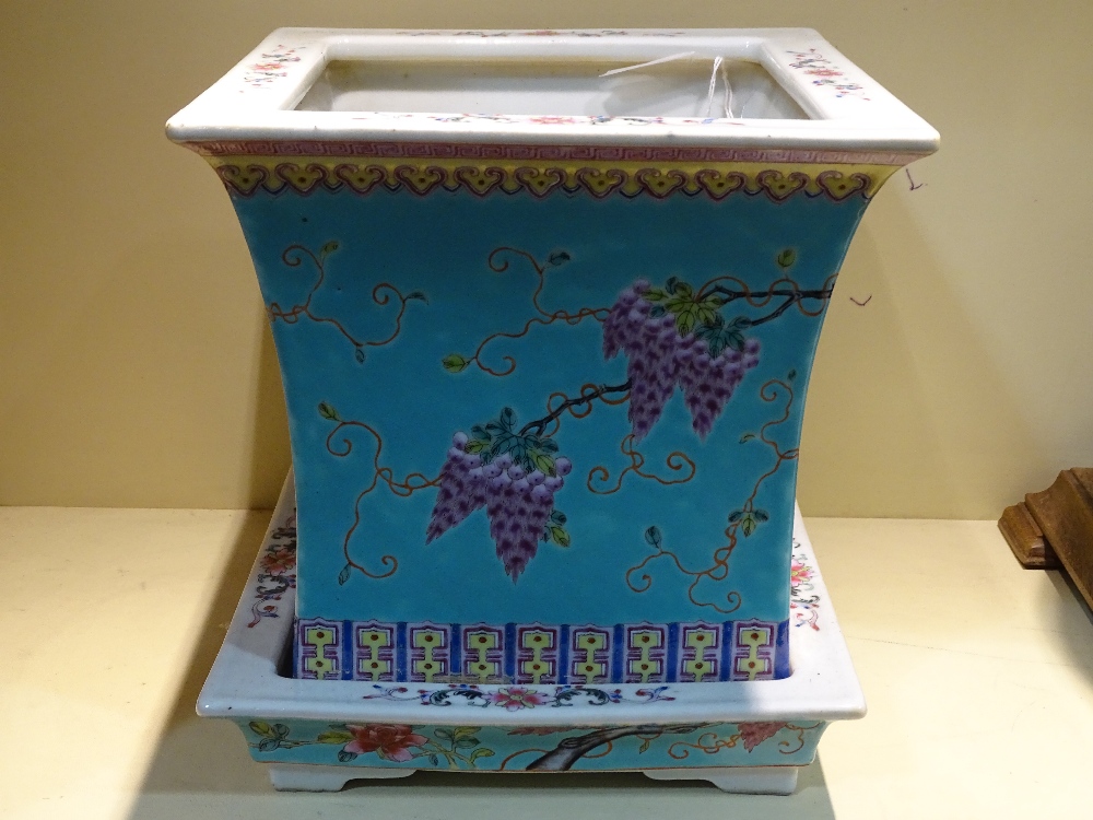 A Chinese dayazhai turquoise ground porcelain jardiniere and stand, hand painted enamel birds and - Image 6 of 14