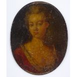 An 18th century miniature oil on copper, head and shoulders portrait of a lady, unsigned, height 7.