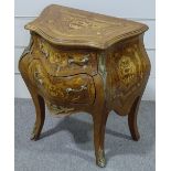 A small French reproduction walnut and marquetry inlaid 2-drawer commode, with ormolu mouldings