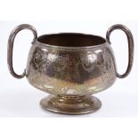 A circular Danish silver 2-handled cup, by C Rose, with engraved leaf decoration, height excluding
