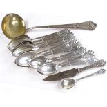 A set of 13 Danish silver dessert spoons, 8 Danish silver table spoons, a large Danish silver