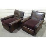 A pair of early 20th century brown leather upholstered Club armchairs, in the manner of Howard &