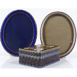 A small champleve enamel box with playing card design lid, length 6cm, and 2 small enamelled photo