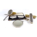 A cased cut-glass and silver pickle set, together with a 5-piece silver-backed dressing table set (