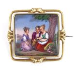 A 19th century Continental gold brooch, with inset painted enamel plaque, depicting figures by a