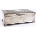 A rectangular silver cigarette box, with engine turned lid, by Alexander Clark & Co Ltd, hallmarks
