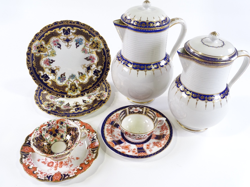 A group of 19th century Derby china, including a graduated pair of blue and gilt lidded jugs, - Image 2 of 5