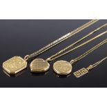 3 9ct gold photo lockets and chains, and a 9ct gold pendant and chain, 17.9g total (4)