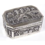 A Middle Eastern unmarked silver octagonal box, with relief embossed village decoration, length 7.