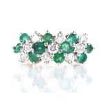 An 18ct gold emerald and diamond 3-row cluster ring, setting height 9mm, size N, 4.6g