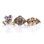 An Austrian 14ct gold knot ring, an American 10ct gold College ring, and an unmarked gold ruby and