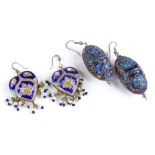 A pair of cloisonne enamel pendant earrings, together with a pair of reversible basse taille