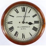 A 19th century mahogany cased dial wall clock, painted dial signed John Elkan of 35 Liverpool