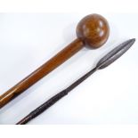 A Zulu hardwood knobkerry, length 82cm, and a tribal spear (2)